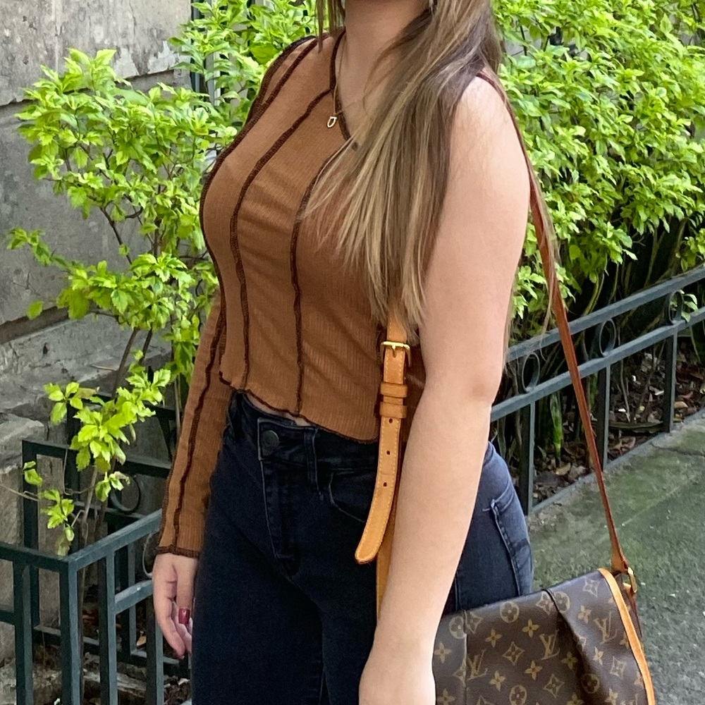 brown one shoulder long sleeve top